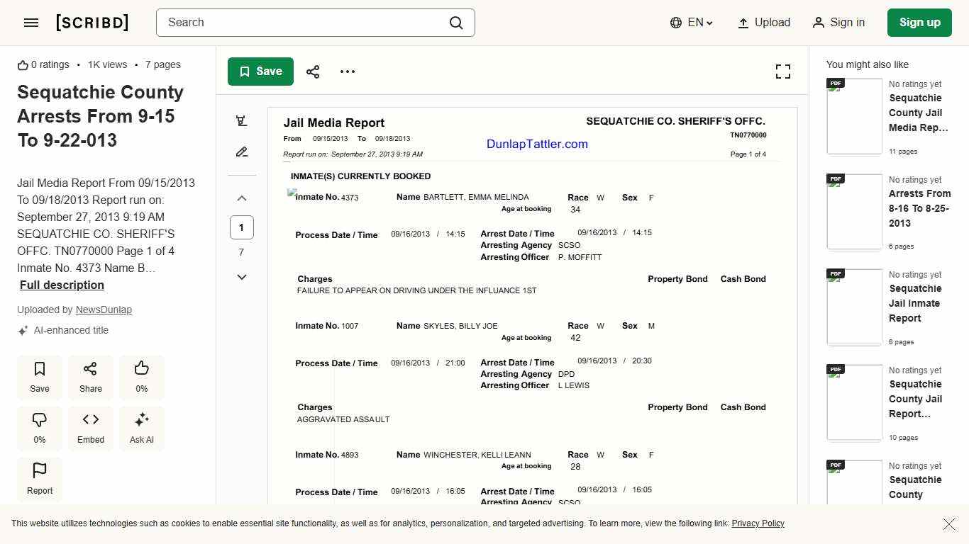 Sequatchie County Arrests From 9-15 To 9-22-013 | PDF | Government Information | Deviance (Sociology)